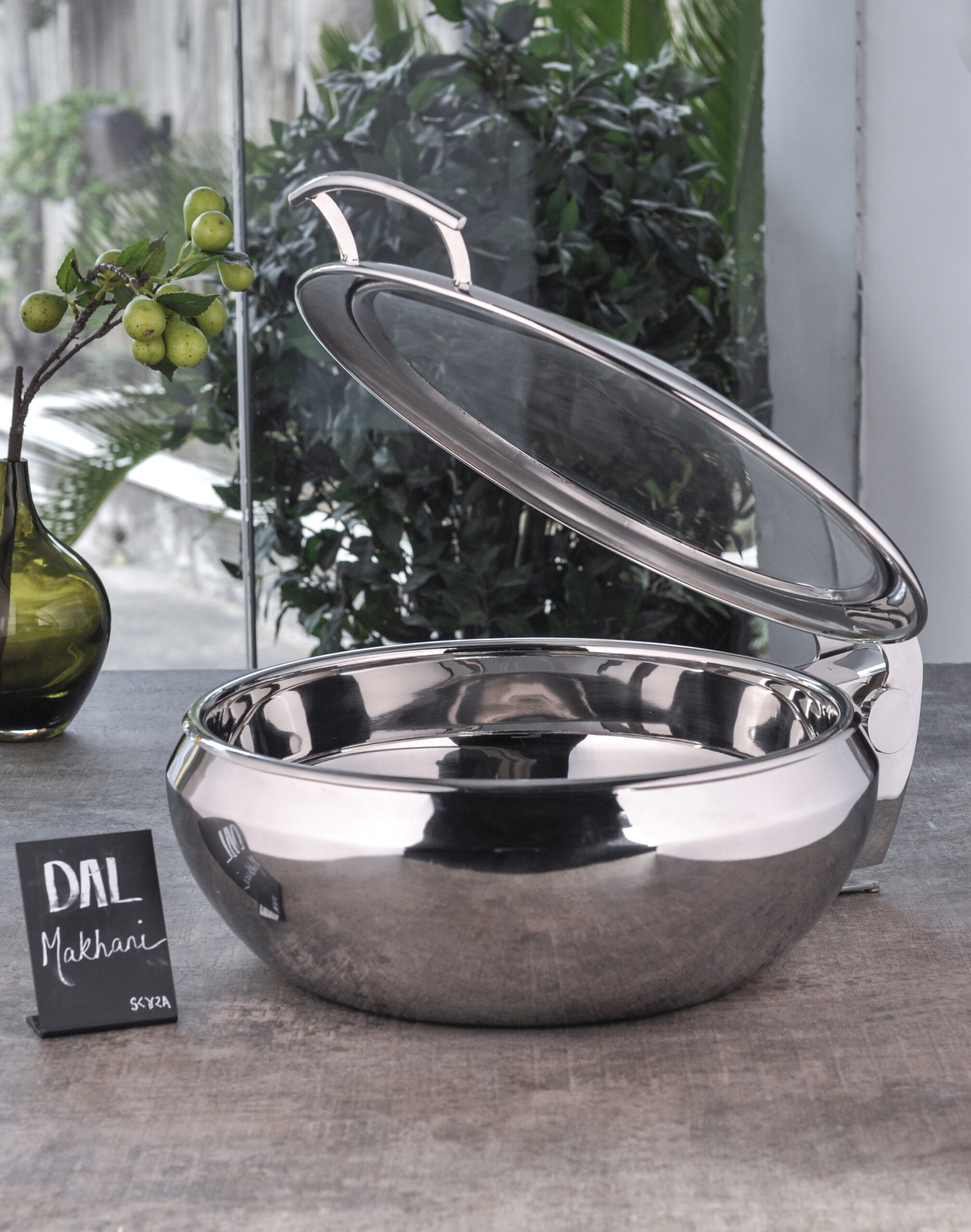 Glass Lid Mirror Finish Hydraulic Zahara Chafing Dish 8 Qt With Divider Food Pans