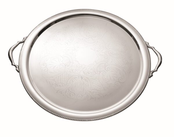 Bead Silver Finish Steel Round Tray with Handles